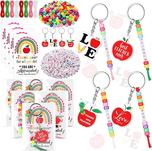 Suncalla 984 Pcs 24 Set Teacher Appreciation Gifts Keychain Making Kit DIY Cute Apple Charm Beads Key Chain Crafts Thank You for All You Do Adjustable Letter Cards Strings Kit Teacher Day Gift