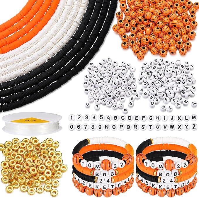 Ferreve 4200 Pcs Basketball 12 Strands Clay Beads Bracelet Making Kit, 100 Letter and Number Beads, 120 Basketball Acrylic with Gold Spacer, Charm Bracelet Kit for Sport Party