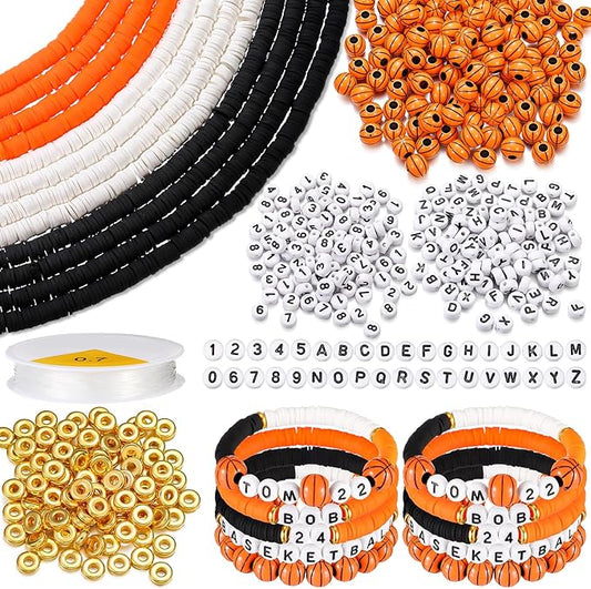 Ferreve 4200 Pcs Basketball 12 Strands Clay Beads Bracelet Making Kit, 100 Letter and Number Beads, 120 Basketball Acrylic with Gold Spacer, Charm Bracelet Kit for Sport Party