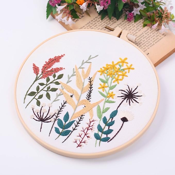 harimau 4pcs beginner embroidery kit,flower pattern,cross stitch kits, including stamped embroidery cloth with 2 embroidery hoops, multicolor color threads for embroidery kit