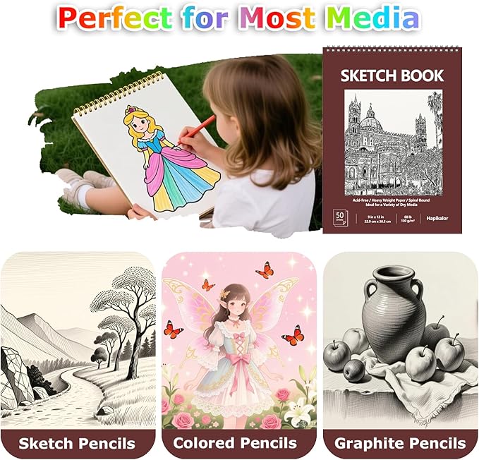 9" x 12" sketch book, 2-pack 50 sheets spiral bound art sketchbook, acid free artist drawing book paper, art supplies for kids, craft activities, sketch paper for drawing coloring sketching(brown)