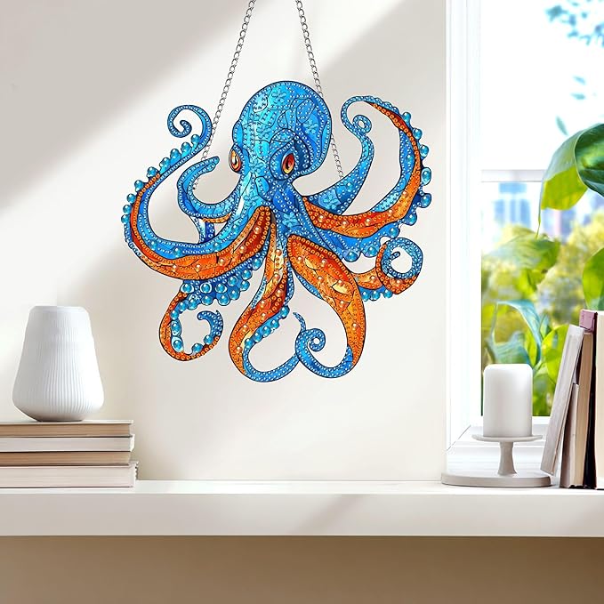 Wergund 5D DIY Octopus Diamond Art Hanging Kits, Hanging Diamond Art Animal, Acrylic Special Shaped Rhinestone, Window Hanging Pendants for Home Wall Garden Front Door Outdoor Decor Gift(Octopus)