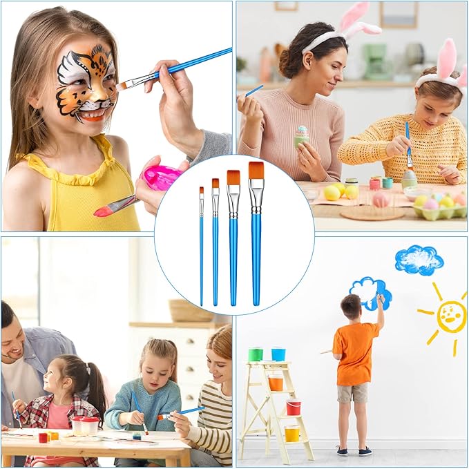Sherr 48 Pcs Paint Brush Set Bulk Acrylic Brush Wood Paint for Detail Art Crafts Kids Artist Adult Watercolor Oil Face Body(1, 0.75, 0.5, 0.25 Inch,Flat Style)