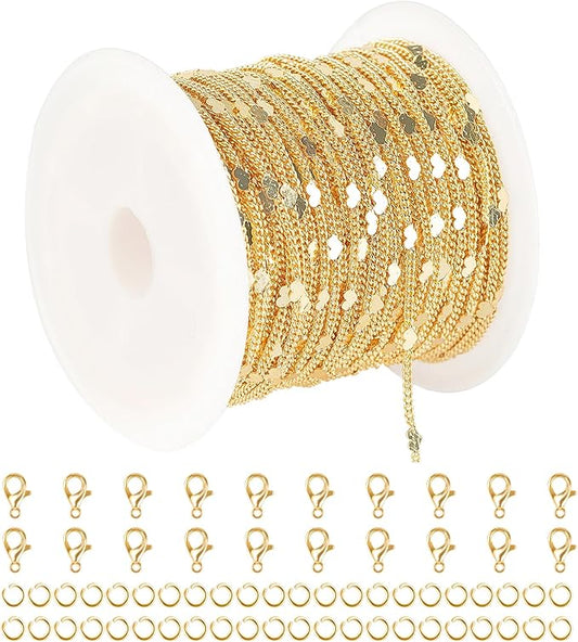 KYUNHOO 32.8 Feet/10M 18K Gold Plated Brass Jewelry Chain Roll Flat Heart Chains Bulk for Women DIY Craft Finding Jewelry Making Supplies