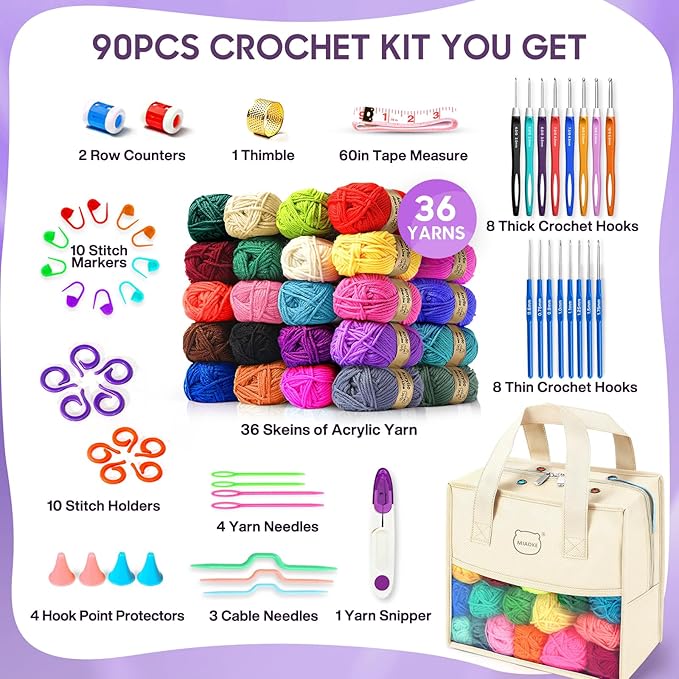 MIAOKE 90 Pcs Portable Crochet Kit with 36 Colors of Crochet Yarn, 36 Crochet Hook Accessories, 16 Crochet Hooks, A Waterproof Knitting Bag and a Storage Bag. Suitable for Beginners and Professionals