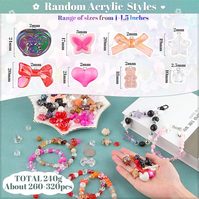 400-450pcs tinkrstuff assorted acrylic beads for bracelet making, cute bead for jewelry making flower bow butterfly candy gummybear kawaii aesthetic beads, diy necklace keychain phone charms(6 colors)