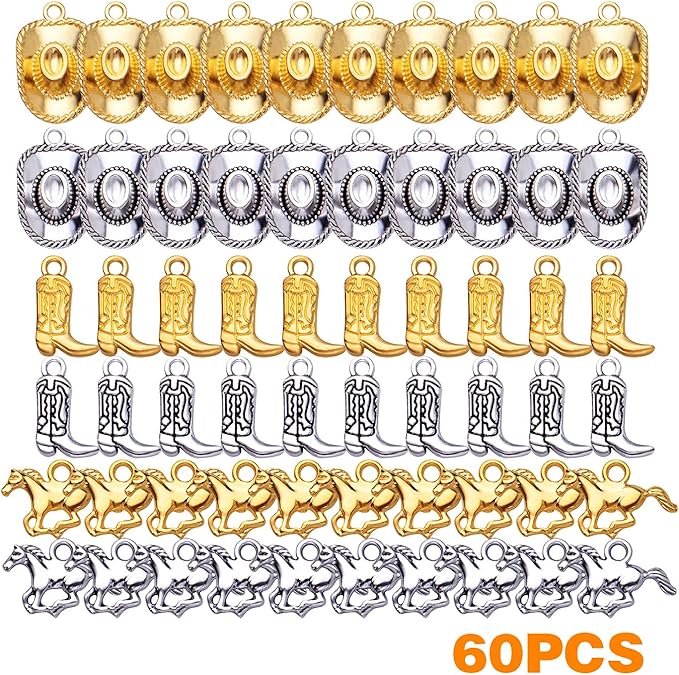 60pcs 3 Styles Western Cowboy Charms Tibetan Alloy Horse Hat Pendants Vintage Cowboy Boot Charms Crafts Supplies for DIY Bracelet Necklace Jewelry Making, Antique Silver, Antique Gold
