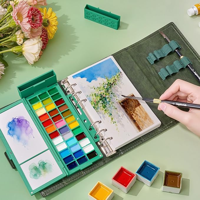 Travel Watercolor Sketchbook Set - 100% Cotton Cold Press 6.7x3.9 Inch Binder Art Journal with 36-Well Ceramic Paint Palette & 2 Travel Watercolor Brushes for Artists Outdoor Painting
