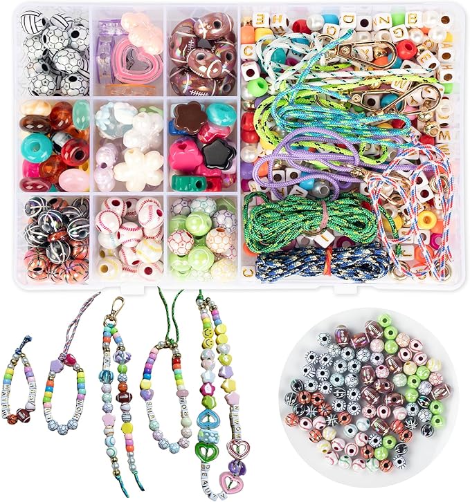 CJZMBSTY 467PCS DIY Sports Bead Keychain Making Kit, Crafts for Bag Charm Bracelet with 6 Ball Types Football Basketball Baseball Tennis Volleyball Rugby, Easy for Beginners and Ball Lover