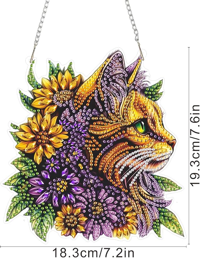 SENQAO DIY Acrylic Diamond Art Painting Cat Kits Special Shaped Rhinestone Diamond Art Window Pendants Home Garden Wall Hanging Kits Hanging Ornament