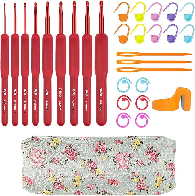 CLYAIYLC 9 Size Red Crochet Hook Set, 2.0-6.0mm Soft Touch Aluminum Crochet Hooks Ergonomic Crochet Hooks for Arthritic Hands,Ideal Gift for Beginner Lover