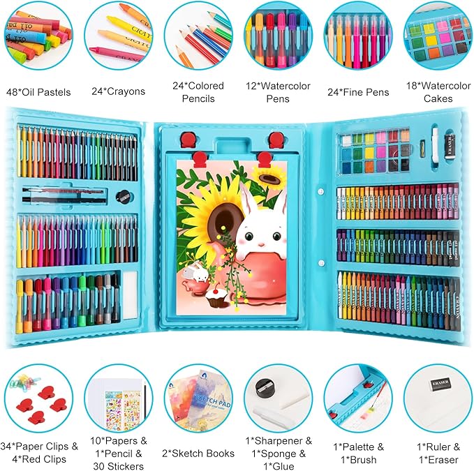 VigorFun Art Supplies, 240-Piece Drawing Art Kit, Gifts Art Set Case with Double Sided Trifold Easel, Includes Oil Pastels, Crayons, Colored Pencils, Watercolor Cakes, Sketch Pad (Blue)