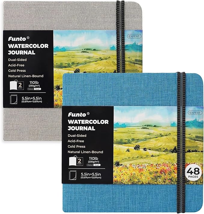 Funto Watercolor Journal, Square, 5.5x5.5, Portable 2-Pack, 48 Pages Each, Gray&Blue Cover, 110lb/230gsm, Art Supplies for Mixed Media
