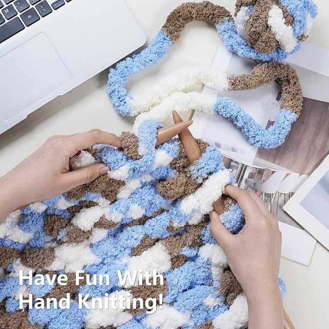 Chunky Yarn for Hand Knitting - #10 Chunky Chenille Blanket Yarn, Jumbo Big Thick Chunky Yarns for Crocheting, Tie Dye Bulky Knit Yarns, 8 Skein (25 yds 8 oz Each Skein), Khaki & Blue & White