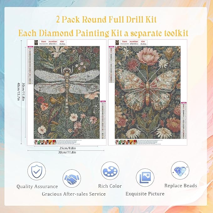 EIBEILI 2 Pack Diamond Painting Kits for Adults, 5D Diamond Art Painting, DIY Dragonfly Butterfly Diamond Dots Art Kits, Full Round Drill Diamond Art Kits for Adults for Home Wall Decor, 12x16 inch