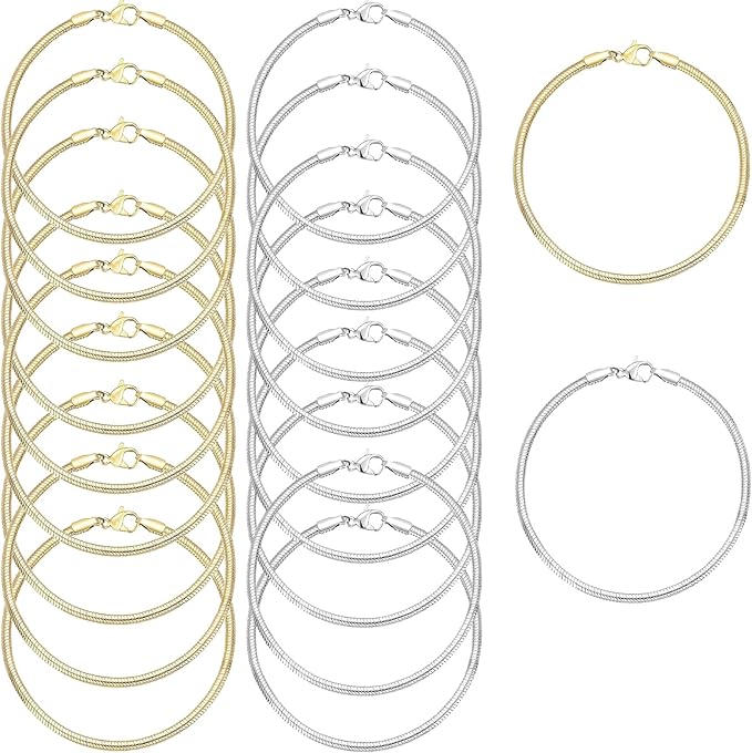 20 Pcs Snake Charm Bracelet Chain 8 Inch Gold Silver Charm Bracelet Kit, Snake Chain Bracelets Chains Pack with Polishing Cloth for Christmas Mother's Day DIY Women Jewelry Making Gifts Supplies