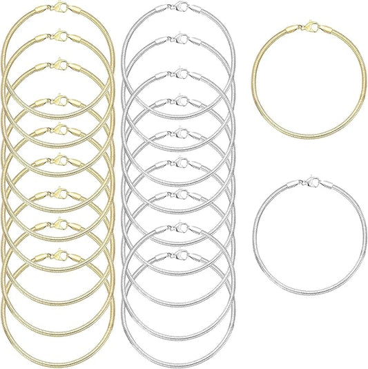 20 Pcs Snake Charm Bracelet Chain 8 Inch Gold Silver Charm Bracelet Kit, Snake Chain Bracelets Chains Pack with Polishing Cloth for Christmas Mother's Day DIY Women Jewelry Making Gifts Supplies