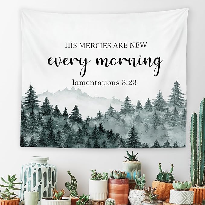 MNASAIOO Christian Mountian Wall Tapestry Hanging for Bedroom, Bible Verse Scripture His Mercies Are New Every Morning Tapestries, Watercolor Wall Decor Banner for Living Prayer Room Church 50x60in