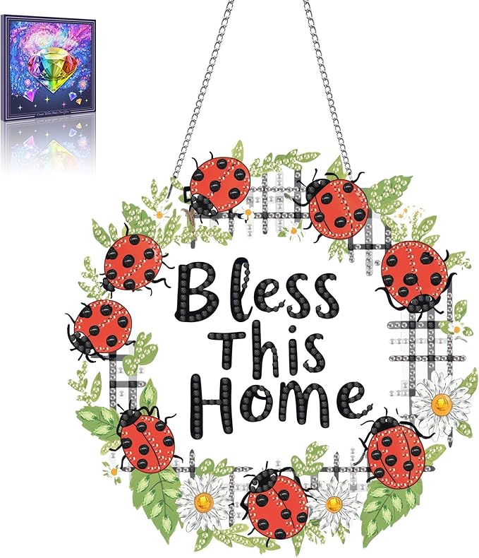 Wergund 5D DIY Bless Diamond Art Hanging Kits, Hanging Diamond Art Flower, Acrylic Special Shaped Rhinestone, Window Hanging Pendants for Home Wall Garden Front Door Outdoor Decor Gift(Bless)