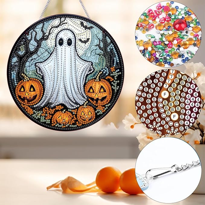 Bimkole Ghost Diamond Art Hanging Kit for Adult, DIY 5D Diamond Art Halloween Window Pendant, Acrylic Crystal Art Hanging Ornament Home Wall Garden Front Door Sign Outdoor Decor 7.8x7.8 Inch