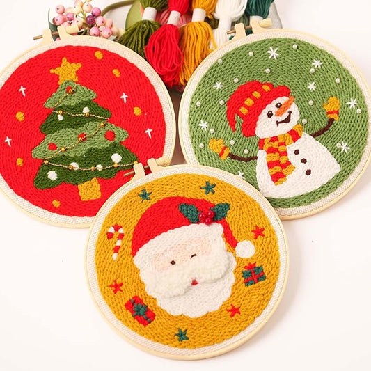 harimau 3pcs beginner embroidery kit,christmas pattern,punch needle kits, including stamped embroidery cloth with 3 embroidery hoops, multicolor color threads for embroidery kit
