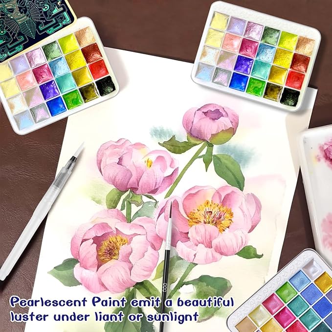 Mini Watercolor Paint Set - 24 Colors Glitter Travel Watercolor Set, Portable Metallic Water Color Paints Palette Box with Watercolor Book,Clips,Pens,Storage Bag for Painting Lovers and Artists