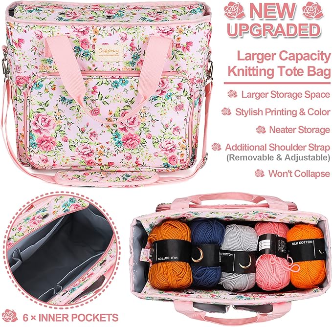 Coopay Large Crochet Bag Knitting Bags and Totes Organizer, Traveling Crochet Bags Yarn Bag for Carrying Crochet Hooks, Knitting Kit, Skein Yarn Wool, Project, Knitting & Crochet Supplies, Pink Flower