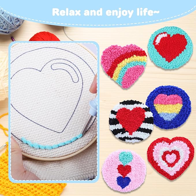 AIRDEA Punch Needle Drink Coasters Kit,Casual Punch Needle Embroidery Complete Kits for Beginner 3.29x3.29 Inches,Included All Accessories,DIY Car Coasters (Purple Pink)