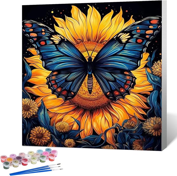 Framed Paint by Numbers Kit for Adults Beginner Butterfly, Adult Paint by Number Kits on Canvas Framed, DIY Acrylic Oil Painting by Numbers with Frame, Sunflower for Home Decor Gift 10 X 10 Inch