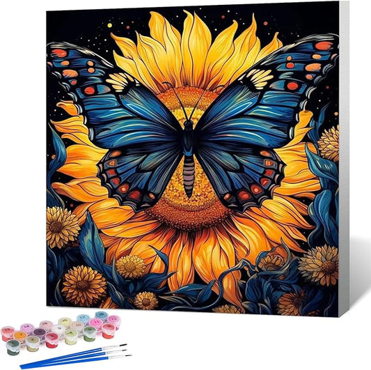 Framed Paint by Numbers Kit for Adults Beginner Butterfly, Adult Paint by Number Kits on Canvas Framed, DIY Acrylic Oil Painting by Numbers with Frame, Sunflower for Home Decor Gift 10 X 10 Inch