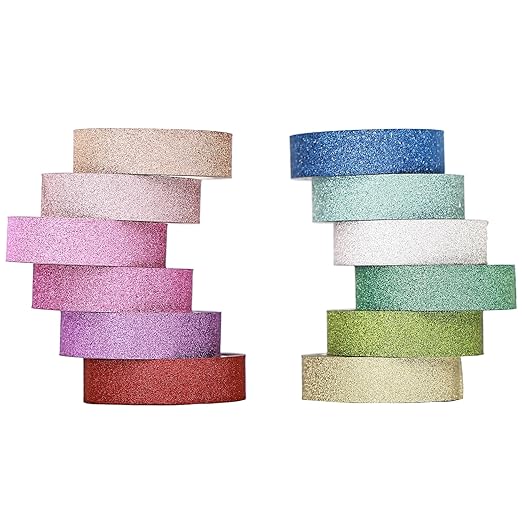 YUKUNTANG Glitter Washi Tape Set, 12 Rolls, 15mm x 66 Yards, Metallic Foil Sparkle Decorative Craft Tape for DIY Art, Scrapbooking, Journaling, Gift Wrapping