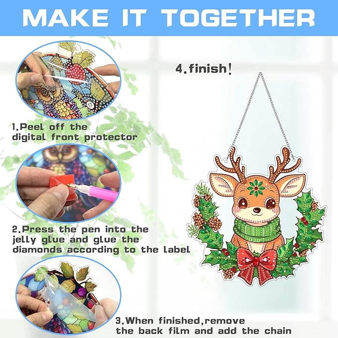 VAIIEYO Christmas Diamond Art Hanging Ornament, Deer Bowknot Diamond Painting Suncatchers Window Hanging Kit with Chain, 7.5x7.5 inch Crystal Pendant Art Craft for Gift Home Wall Front Door Decoration