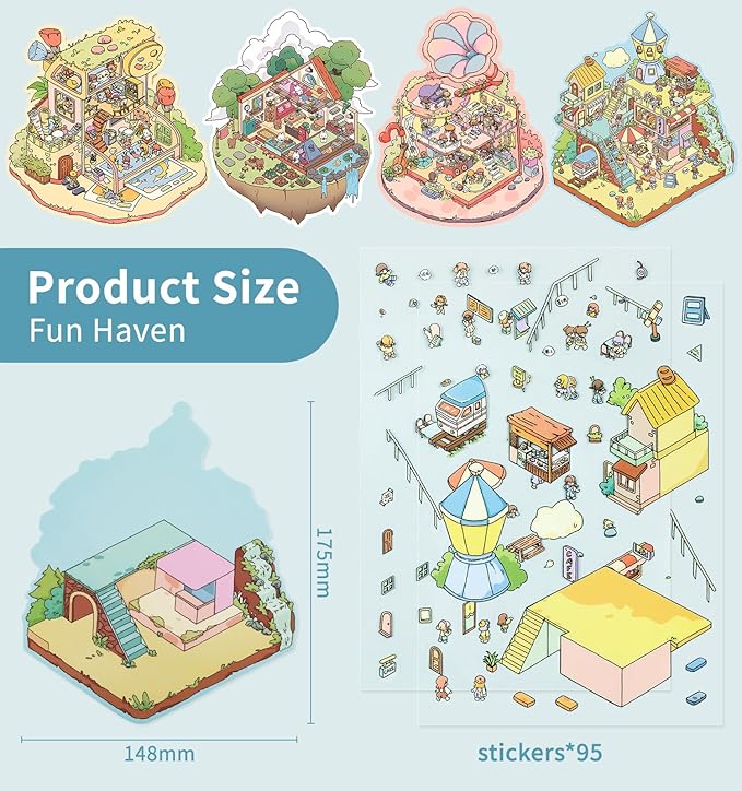 12 Sets DIY 3D Sticker Scene for Kids, Fun DIY Sticker Scene Make Your Own Mini House Cute Cartoon Animal Scene Stickers Adult Sticker Art Relief Stress Pass The Time Holiday Christmas Fun