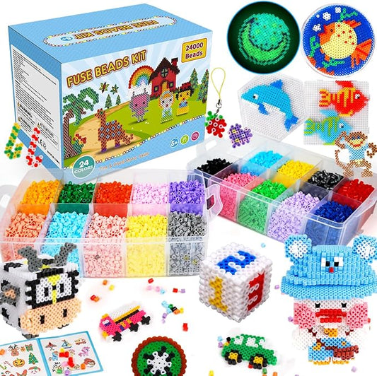 meland fuse beads - 24000pcs fuse beads kit for kids, 24 color 5mm iron beads set with 4 fluorescence color, 6 pegboards - craft kits gifts for birthday christmas