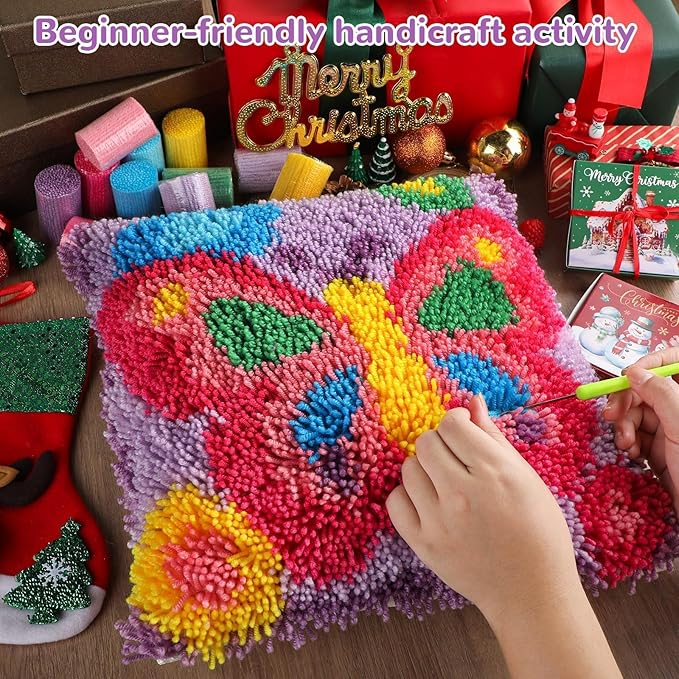 Butterfly Latch Hook Kit Butterfly Floral Pillow DIY Valentine Craft Kit for Kids Adults Beginners Making Your Own Pillow Craft Printed Pillowcase Crochet Yarn Art Handmade Cushion Gift for Sofa Decor
