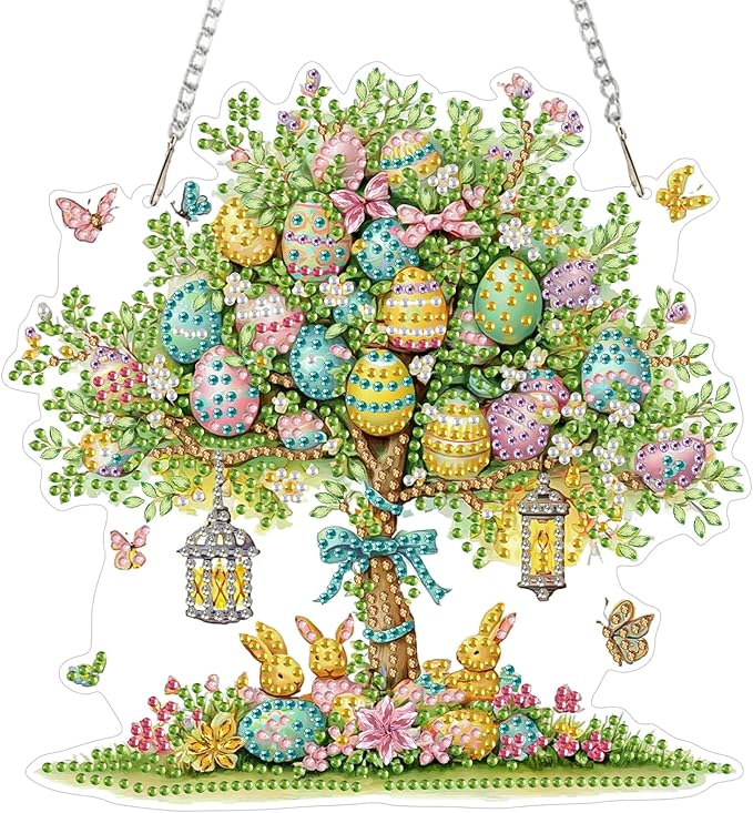 MAXBYE Easter DIY Diamond Art Kits for Adults Hanging Pendant Easter Egg Tree with Rabits, Painting Diamond Gem Art Hanging Kits for Beginners Gift Window Wall Door Decoration 8×12Inch