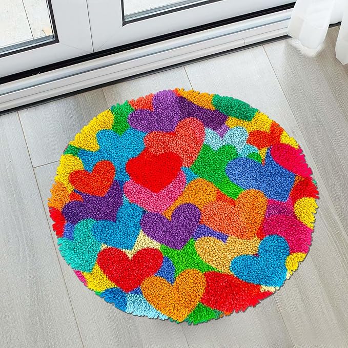 Latch Hook Rug Kit Rainbow Heart-Shapes Stamped Handmade Round Shape Carpet Crochet Yarn Craft DIY Hook and Latch Door Mat Tapestry Christmas Home Floor Decor 20x20in-5