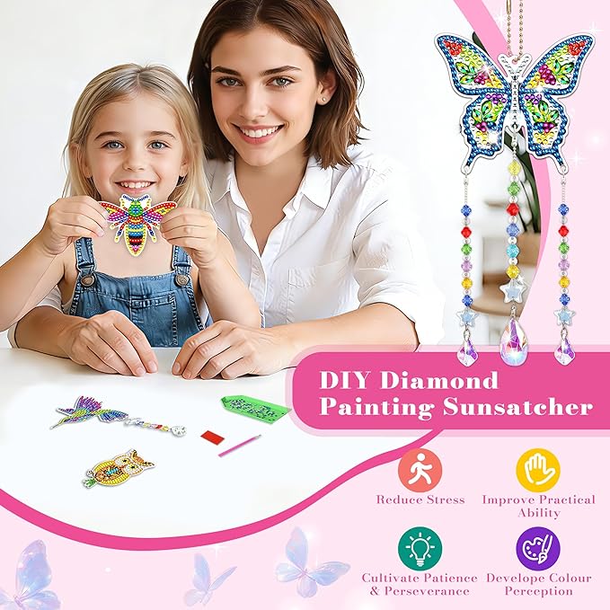 4pcs Diamond Painting Kit for Kids Ages 8-12, Birthday Gifts for 6 7 8 9 10 11 Year Old Girls Diamond Art Kits Crafts for Teen/Adults Wind Chimes Crystal Window Suncatcher for Home Garden Decor