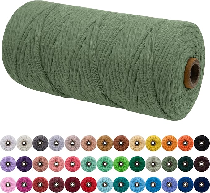 JeogYong Single Strand Macrame Cord 3mm x 109 Yards (328 Feet) Soft Cotton Rope Macrame Yarn 3 mm Macrame Cord, Macrame Supplies for Crafts Wall Hangings Plant Hangers Decorations (Army Green)