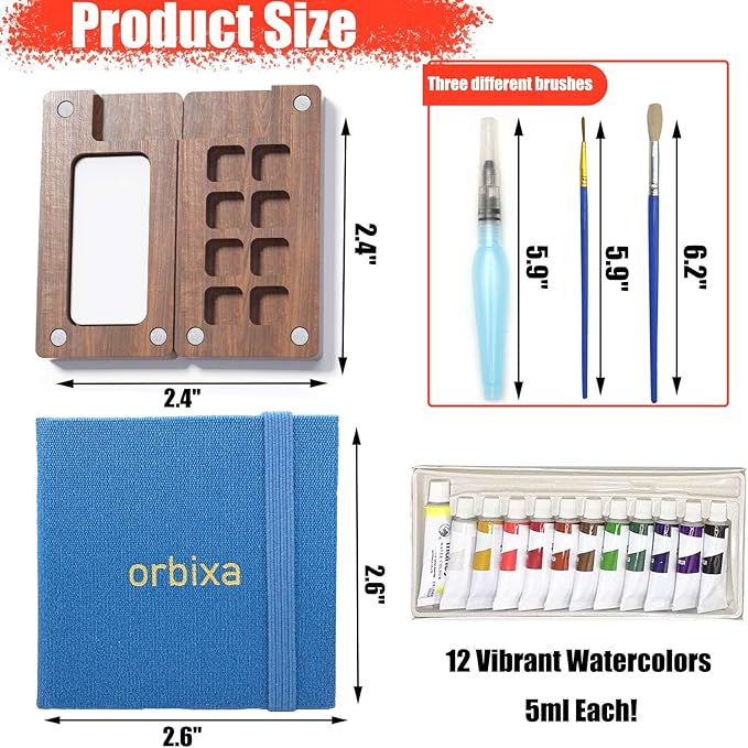 Orbixa Mini Watercolor Palette Paint Set–Travel Size,12 Color Paint with 8-Well black Walnut Palette,Mini Sketchbook travel watercolor set& pocket kit | Portable Watercolor Kit for Artists,Students&Beginners