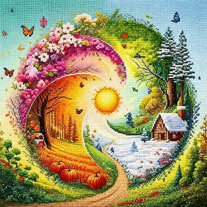 Zhenqing Four Seasons Rotation Cross Stitch Kit for Beginners, 11CT Printed White Cotton Fabric, 36x36cm Full Embroidery with Threads, Needle & Instructions (70677)