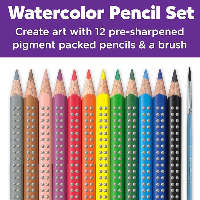 Faber-Castell - 288 Count- Grip Watercolor EcoPencils School Pack - Art Supplies For Kids- (24 Sets of 12 Colors + Free Sharpeners and Paint Brushes)