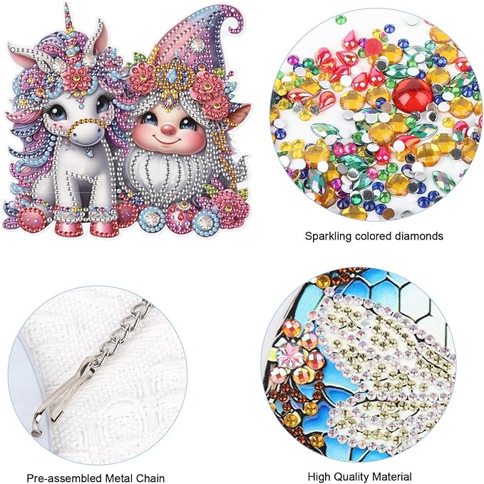 JISHSHAY 2 PCS Diamond Painting Pendant Gnome Dwarf Unicorn Diamond Art Wind Chimes Special Shaped Crystal Suncatcher Diamond Art Ornaments Diamond Painting Hanging for Garden Wall Door Window Decor