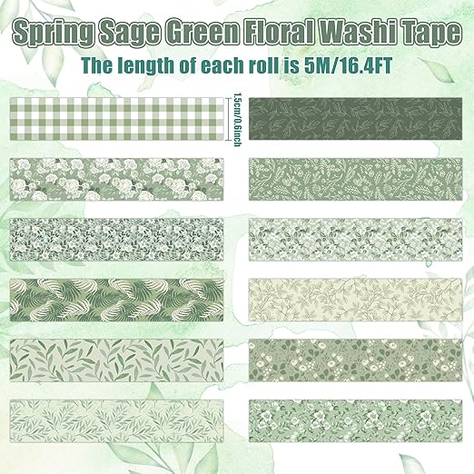 Sage Green Washi Tape - 12 Rolls Gingham Floral Leaf Botanical Patterns Acid Free Repositionable Adhesive Easy Hand Tear for Scrapbook Gift Wrapping Journal Office Supplies DIY Crafts