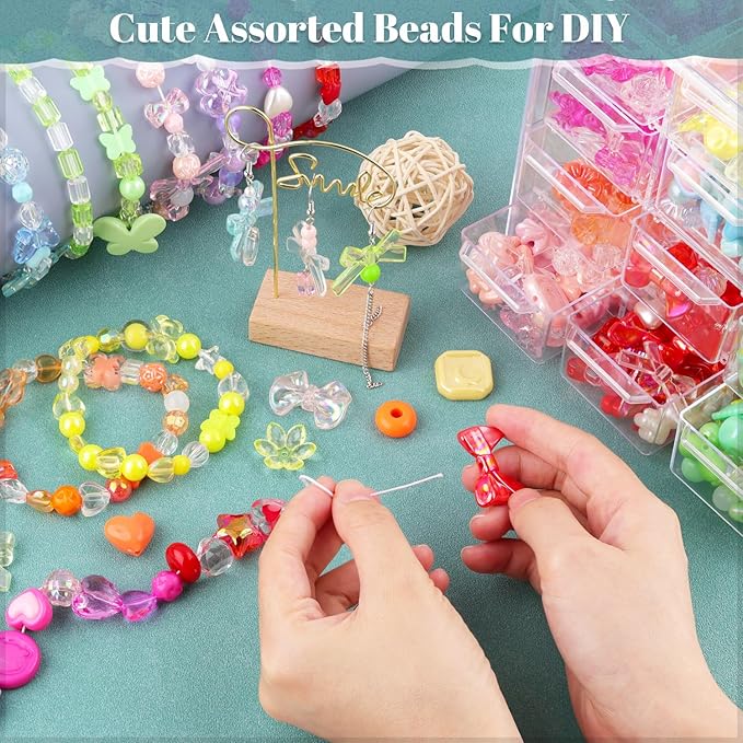 210-270pcs tinkrstuff assorted acrylic beads for bracelet making, cute beads for jewelry making bow butterfly candy heart gummy bear kawaii aesthetic bracelet charms,diy necklace keychain phone charm