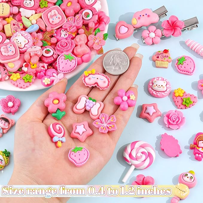 100PCS Rose Pink Slime Charms Cute Flatback Resin Charms for Slime, Random Kawaii Decoden Charm for Embellishments Phone Junk Case Charms Bulk, Hairpins Scrapbooking Crafting & DIY Decor