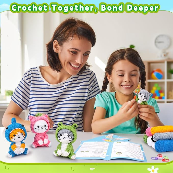 Crochet Kit for Beginners - 3 PCS Crochet Kits with Step-by-Step Video Tutorials, Beginner Crochet Kit for Adults, Crochet Animal Kit for Starters, Cat Dressed as Shark Frog Strawberry