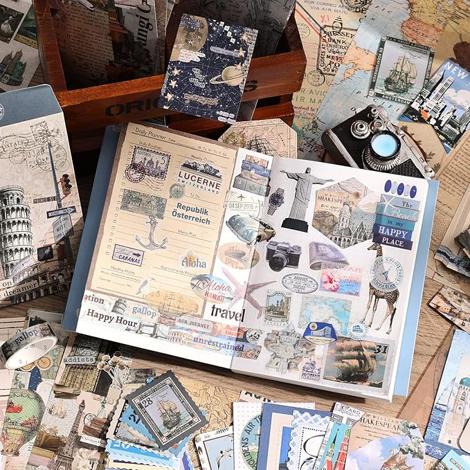 emmoolife Scrapbooking Supplies Kit, Daily Life World Travel Scrapbook Kit for Bullet Junk Journal, Stationery, A6 Grid Notebook, DIY Journaling Supplies, Birthday Craft Gift Teen Women