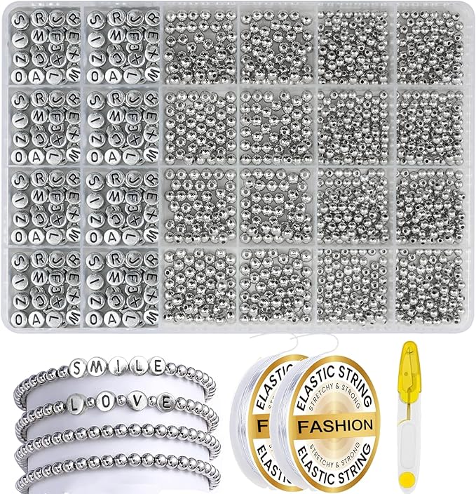 Hpebl 1320PCS Smooth Round Silver Beads for Bracelet Making Kits 4MM/6MM Jewelry Making Supplies Silver Letter Beads for Jewelry Making Kit with 2PCS Crystal String 1PCS Scissors for Adult