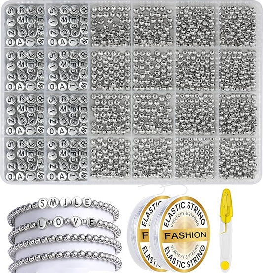 Hpebl 1320PCS Smooth Round Silver Beads for Bracelet Making Kits 4MM/6MM Jewelry Making Supplies Silver Letter Beads for Jewelry Making Kit with 2PCS Crystal String 1PCS Scissors for Adult